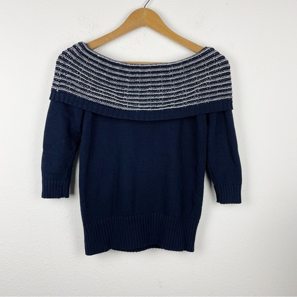 Y2K 90s Off The Shoulder Navy Blue Sweater - Picture 4 of 6